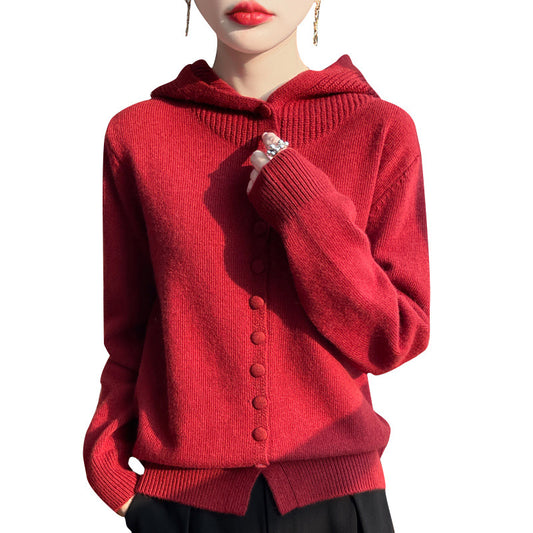 Womens Knitted Sweater Stylish Western Style Solid Color All Match Hooded Knit Cardigan