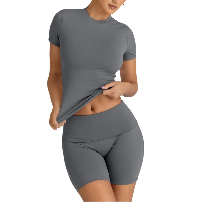 Womens Solid-Color Casual Crew-Neck Short-Sleeve Shorts Set