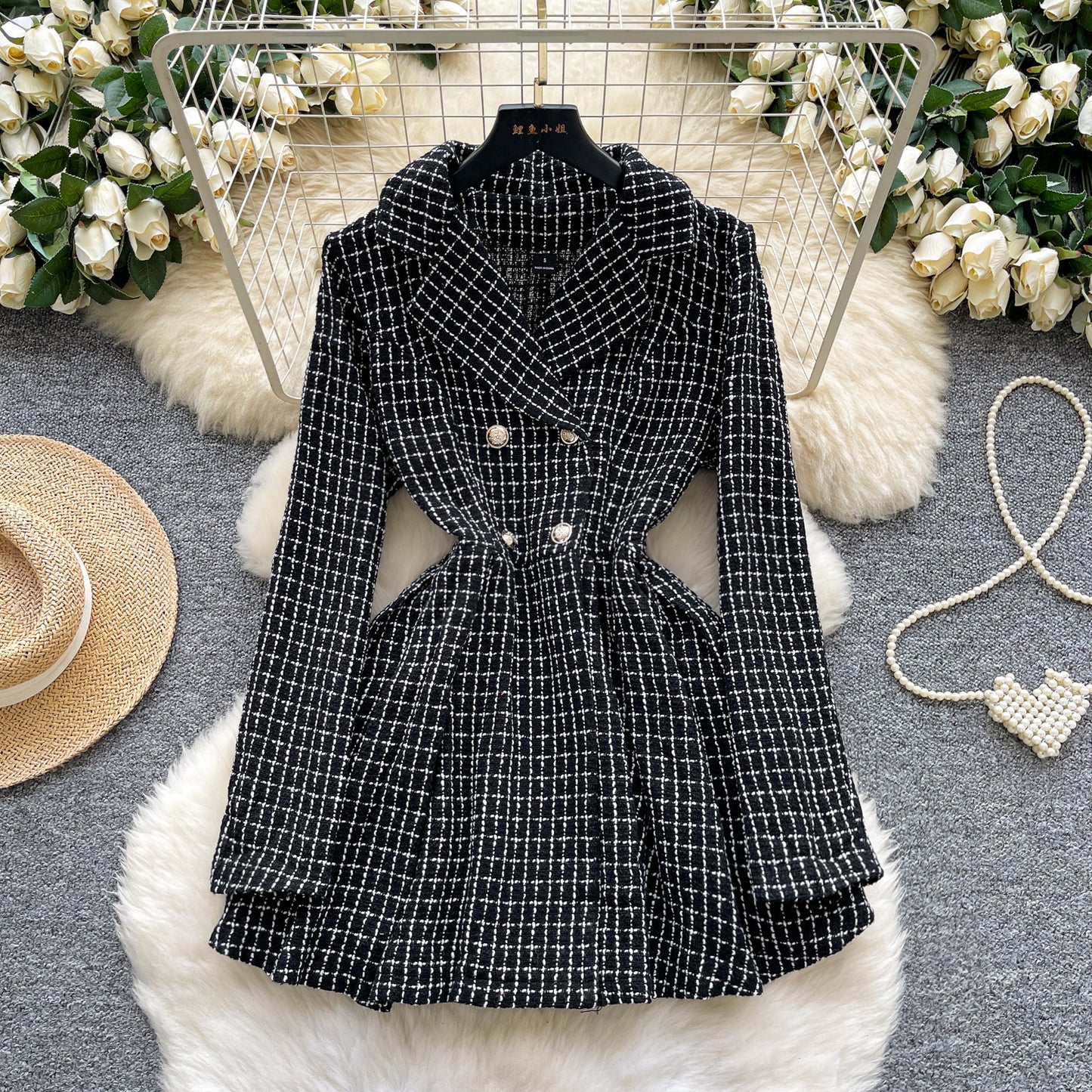 Vintage Double-breasted Waist-cinched Long-sleeve Dress