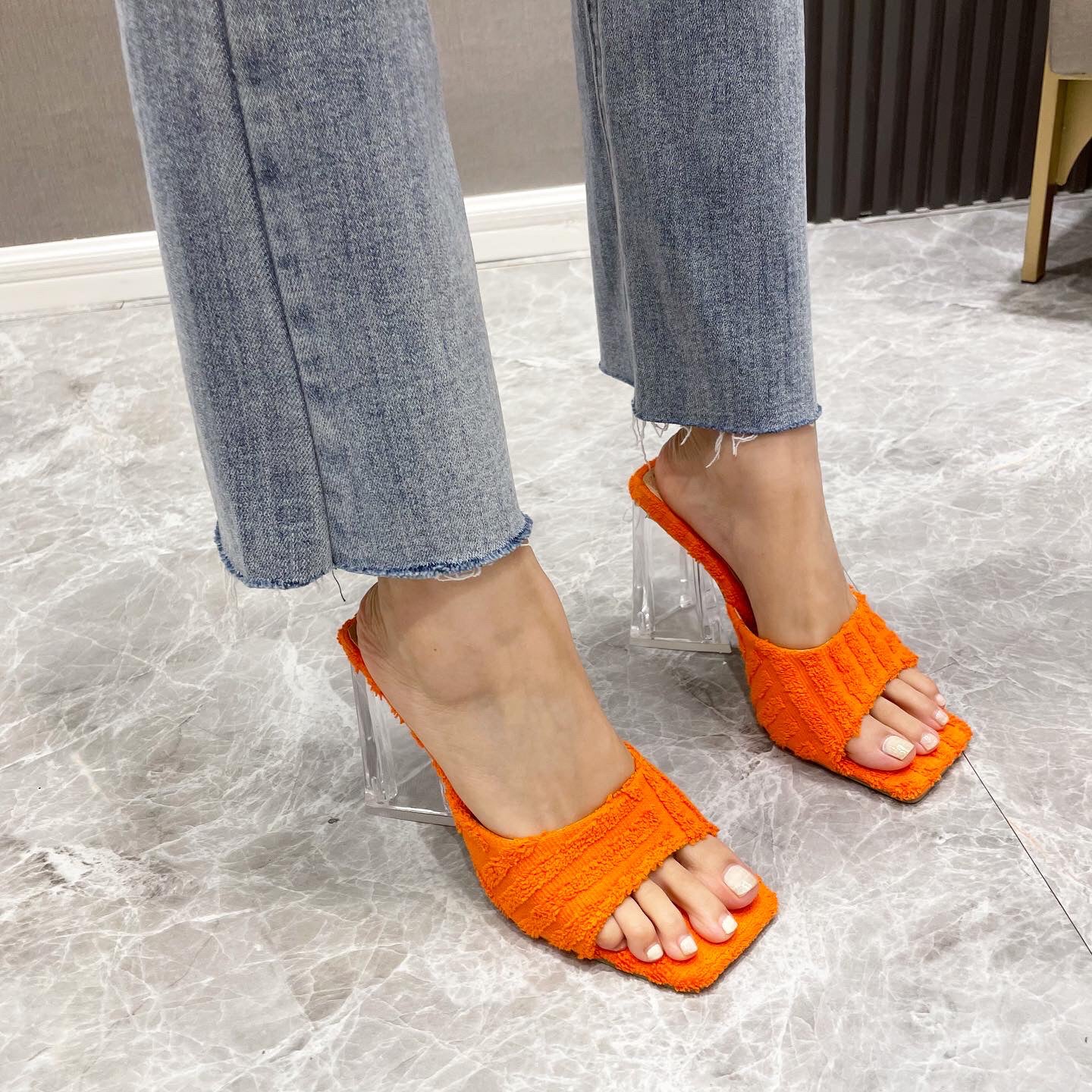 Towel Sandals And Slippers With Transparent Crystal Heel And Square Toe