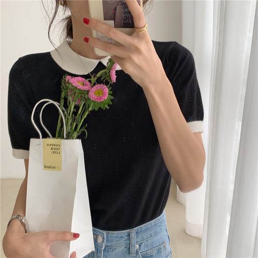 One Row Color Block Doll Collar Short Sleeve