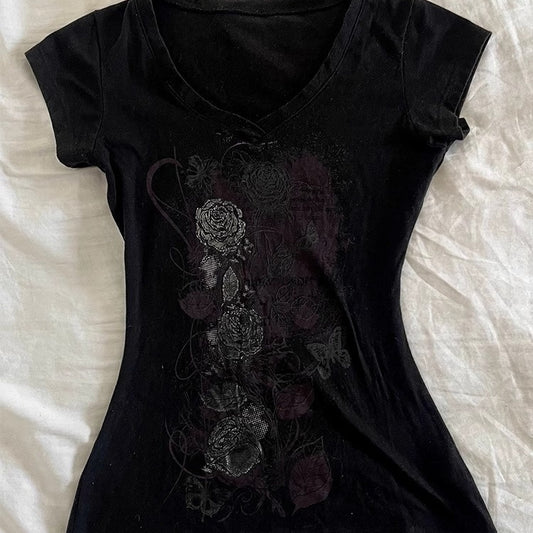 Printed Straight-shoulder Short-sleeve T-shirt With A Fitted Waist