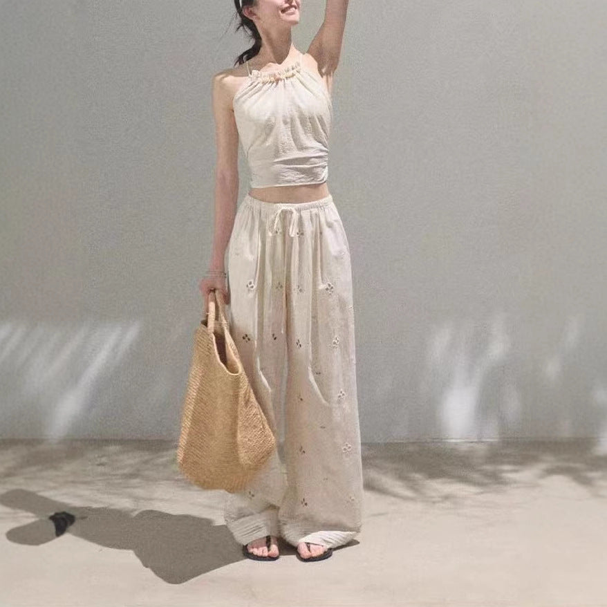 Cotton Paisley Hollow Embroidered Holiday Casual Drawstring Trousers