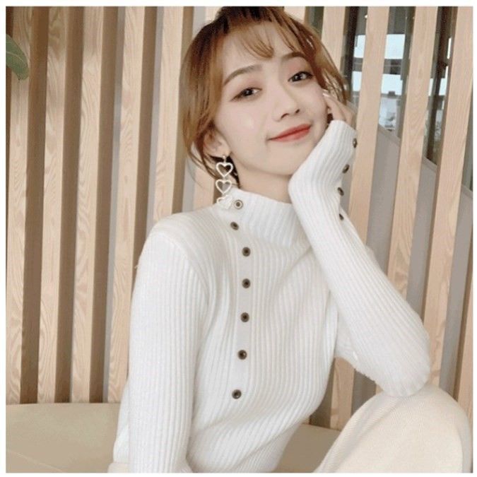 Autumn And Winter Button Half-high Collar Women's Sweater