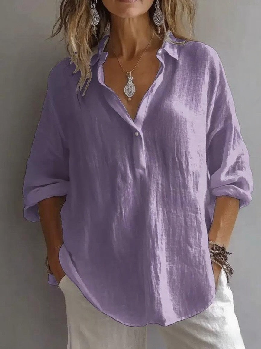 Fashion Long-sleeved Lapel Pullover Shirt Casual Loose Solid Color T-shirt Tops Women's Clothing