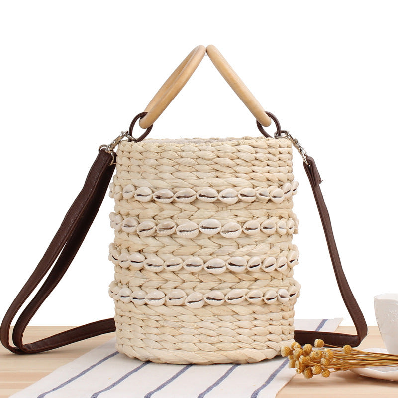 Women's Fashion Casual Natural Shell Bucket Woven Bag
