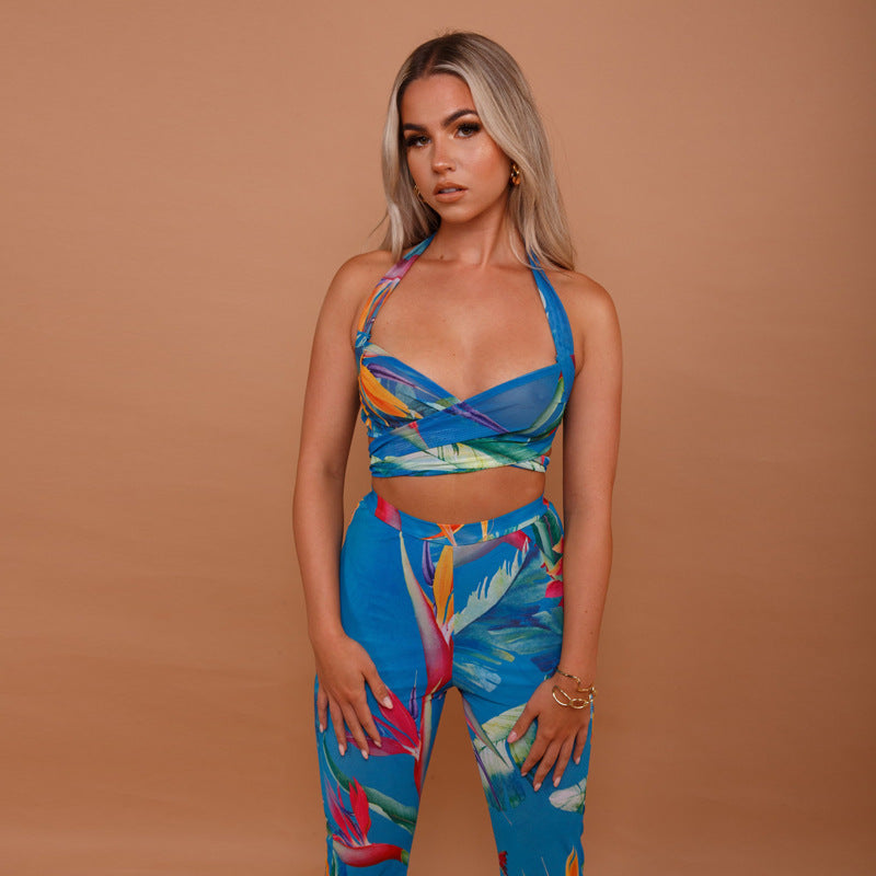 Fashion Printed Sleeveless Vest Flared High Waist Wide Leg Pants Suit