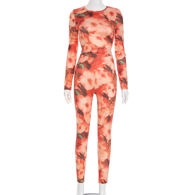Autumn Pullover Crew Neck Floral Print Long-Sleeve Slim-Fit Cropped Pants Set