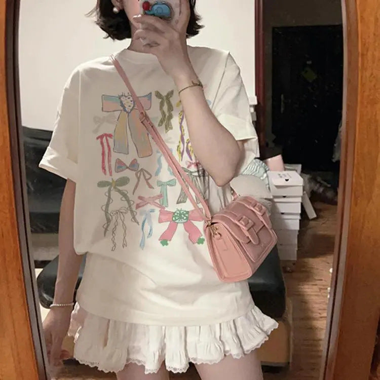 Cotton Short-sleeved T-shirt Idle Style Bow Print