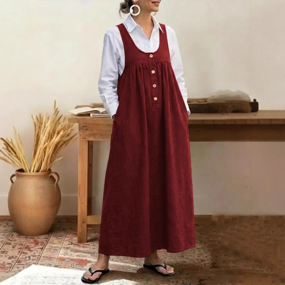 Loose Overalls Dress Casual U-neck Button Pockets Dresses Summer Spring Clothing