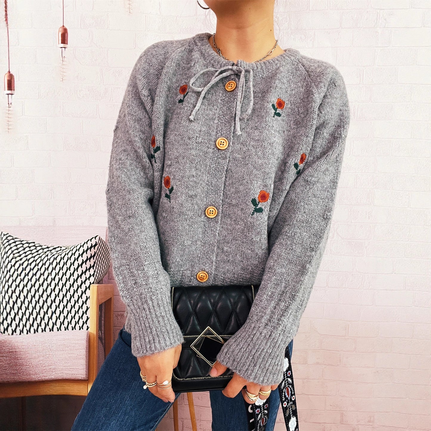 Flower Embroidery Bow Bandage Knitted Cardigan Single-breasted Sweater