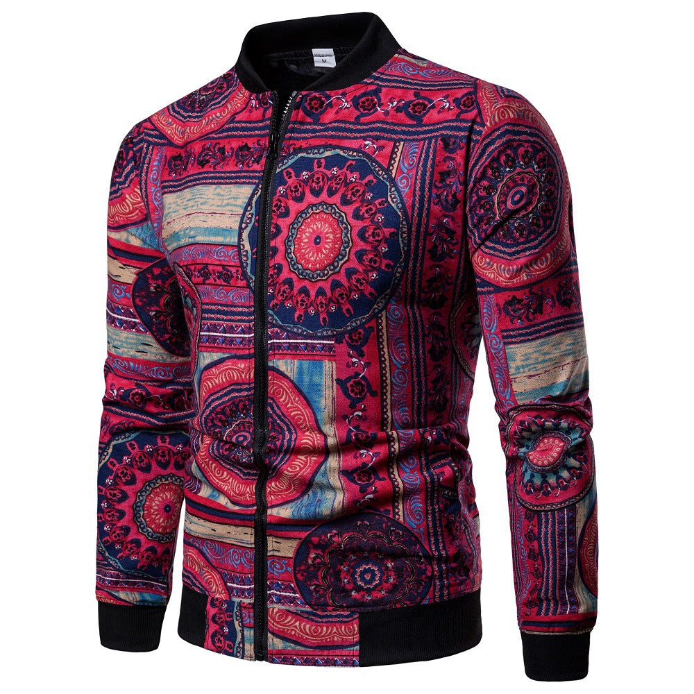 Spring And Autumn New Men's Ethnic Floral Jacket Fashion Slim-fit Baseball Uniform Coat