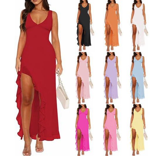 V-neck Hemline Dress Sleeveless Womens Clothing With A Letter-print Ruffled Trim