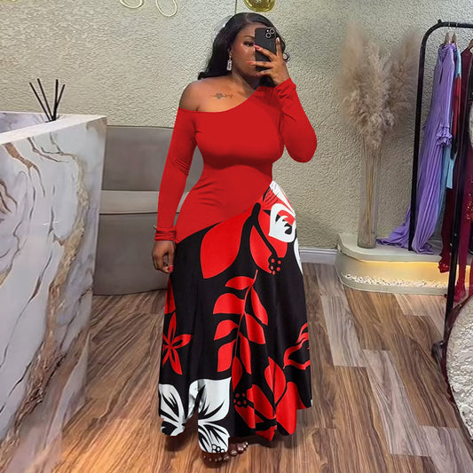 Womens Elegant Slim-Fit Patchwork Printed Maxi Dress With A Sexy Design