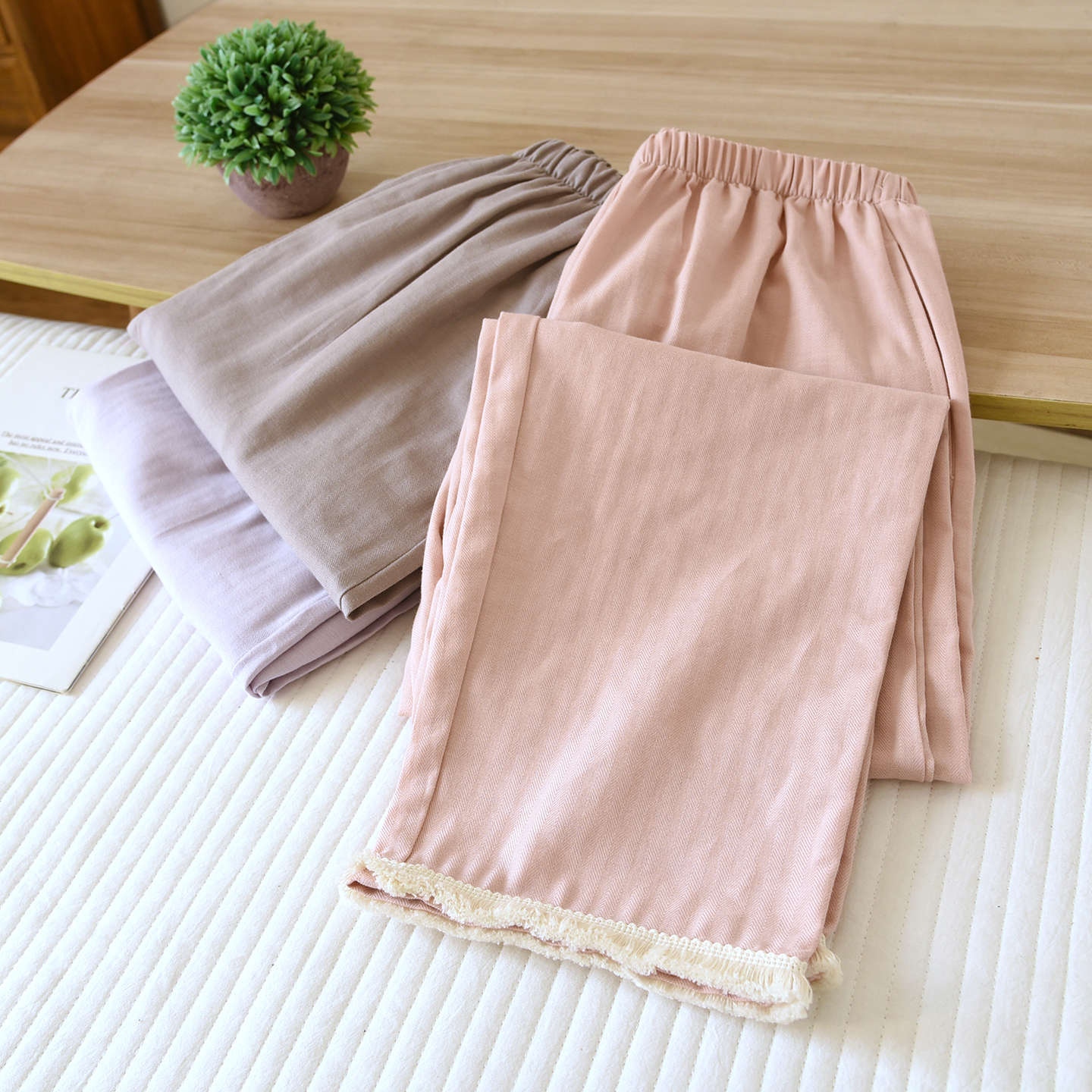 Lightweight Minimalist Springautumn Cotton Loungewear Pants Loose-fitting Long-length Design