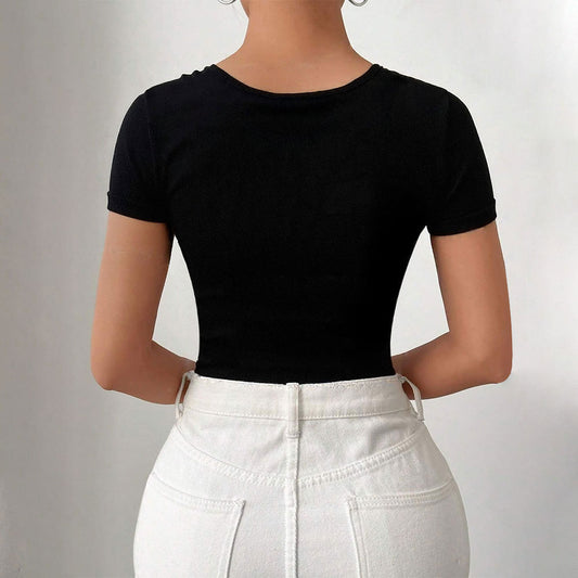 Womens Asymmetrical One-shoulder Twisted-design Short-sleeve Figure-hugging Bodysuit