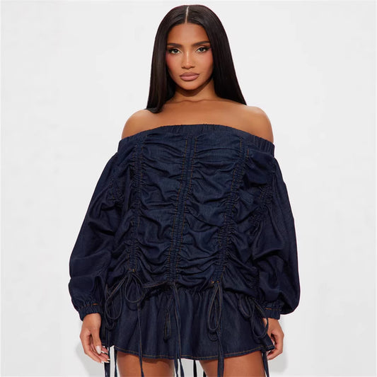 Solid Color Loose Off Shoulder Drawstring Long Sleeve Denim Skirt