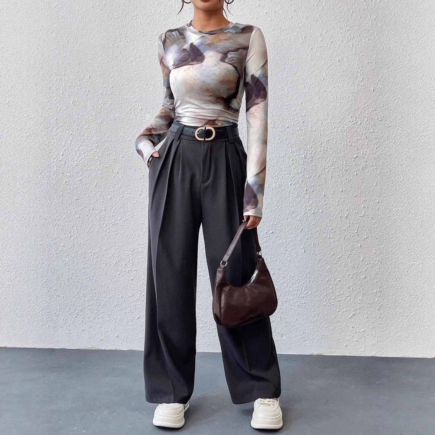 Ink-wash Retro Print Women's Slim-fit Versatile Stylish Top