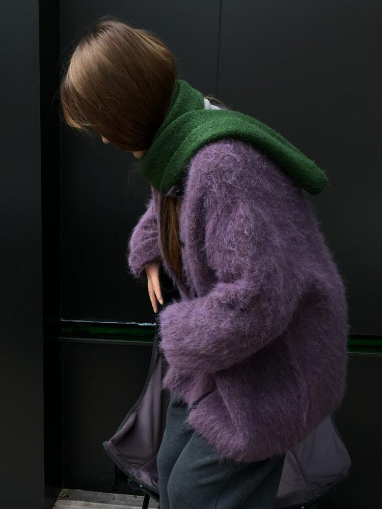 Purple Lazy High-end Mohair Cardigan Women's Autumn Winter Loose