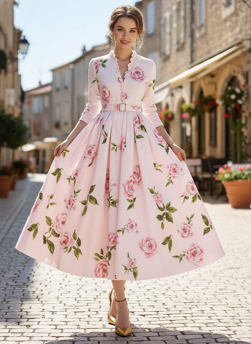 Fashionable Printed V-Neck Defined-Waist Long-Sleeve A-Line Womens Dress