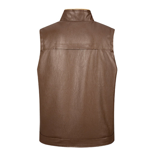 Male Leather Vest Autumn And Winter Fleece-lined Stand Collar Vest