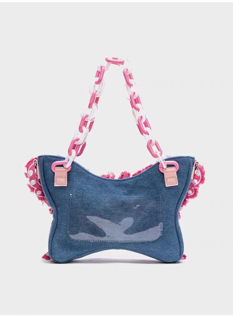 Original Denim Butterfly Contrast Color Acrylic Chain Shoulder Messenger Bag