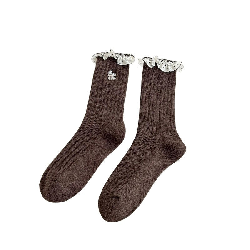 Pure Cotton Lace Cartoon Embroidered Mid-calf Socks