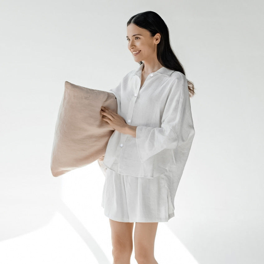 Cotton-Linen Pajama Set For Women Three-Quarter-Sleeve Top And Shorts Loose And Comfortable Two-Piece Set