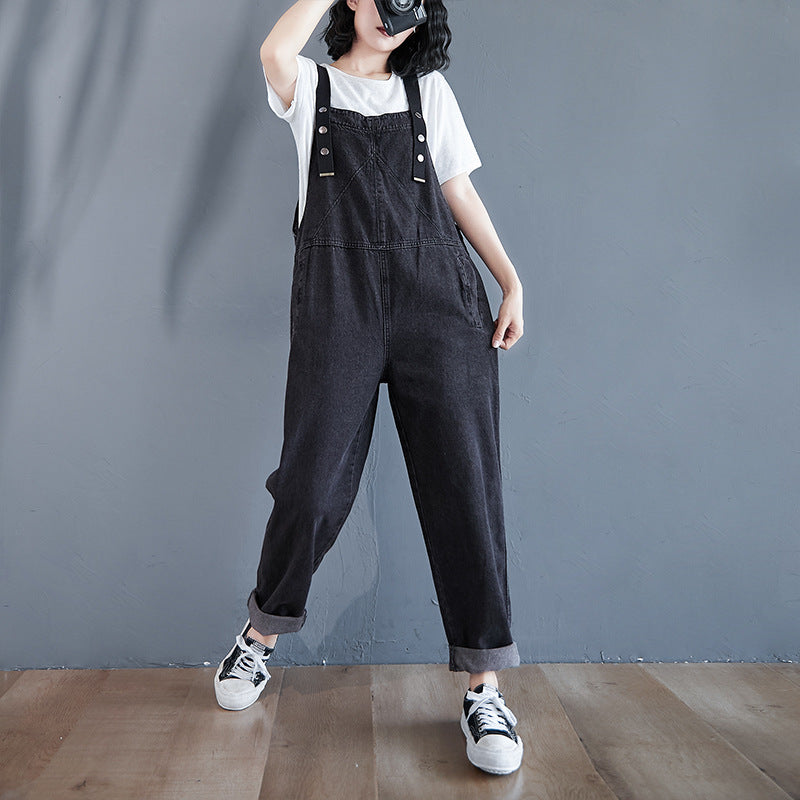 Oversized Loose Pocket Casual Denim One Piece Bib Trousers