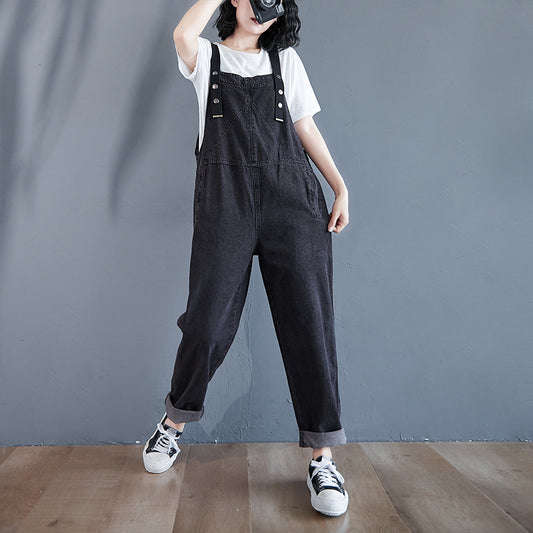Oversized Loose Pocket Casual Denim One Piece Bib Trousers