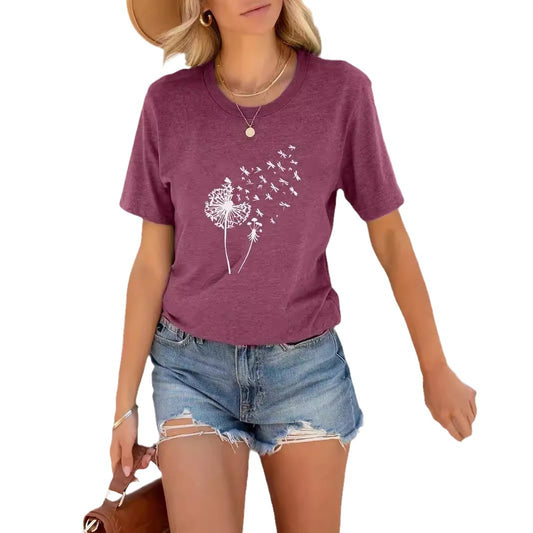 Dame T-shirt med rund hals 3D Mælkebøtte Mønster Digital Print Dametøj