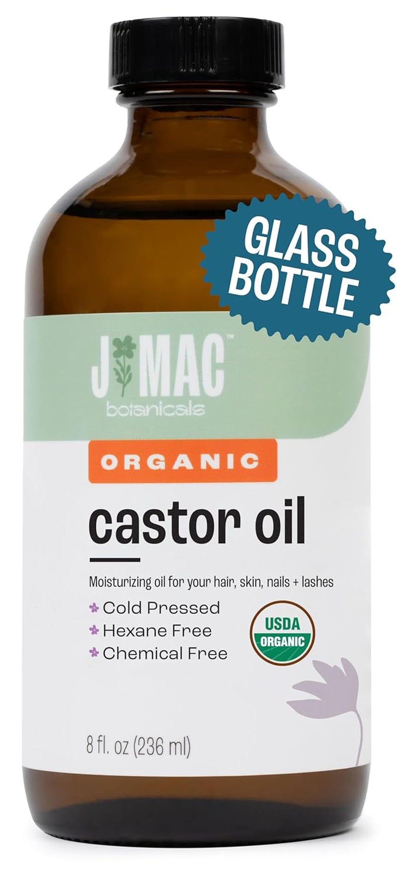 , Organic Castor Oil Cold Pressed (Glass Bottle, 16 Oz) Pure Unrefined, Hexane Free for Face, Skin, Eyelashes, Pack Wraps, Pads