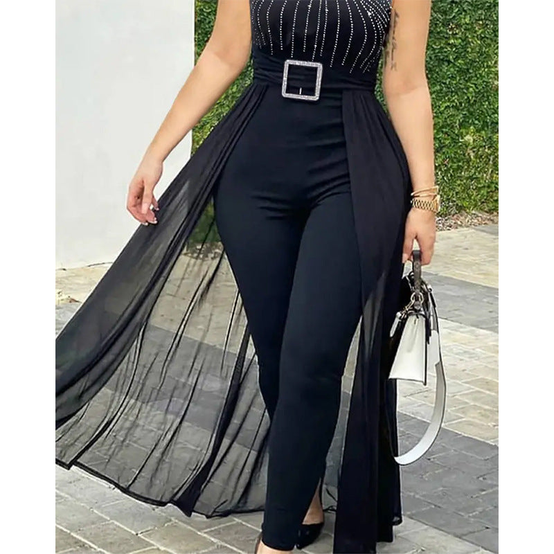 Waistband Solid Color Temperament Mesh Long Dress