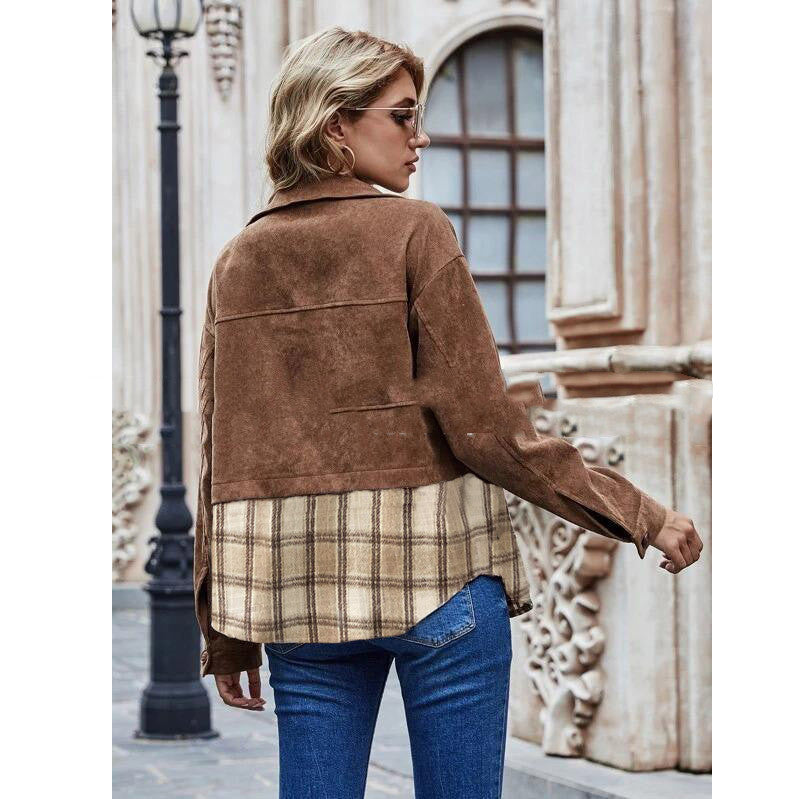 European And American Thick Shirt Corduroy Stitching Plaid Cardigan