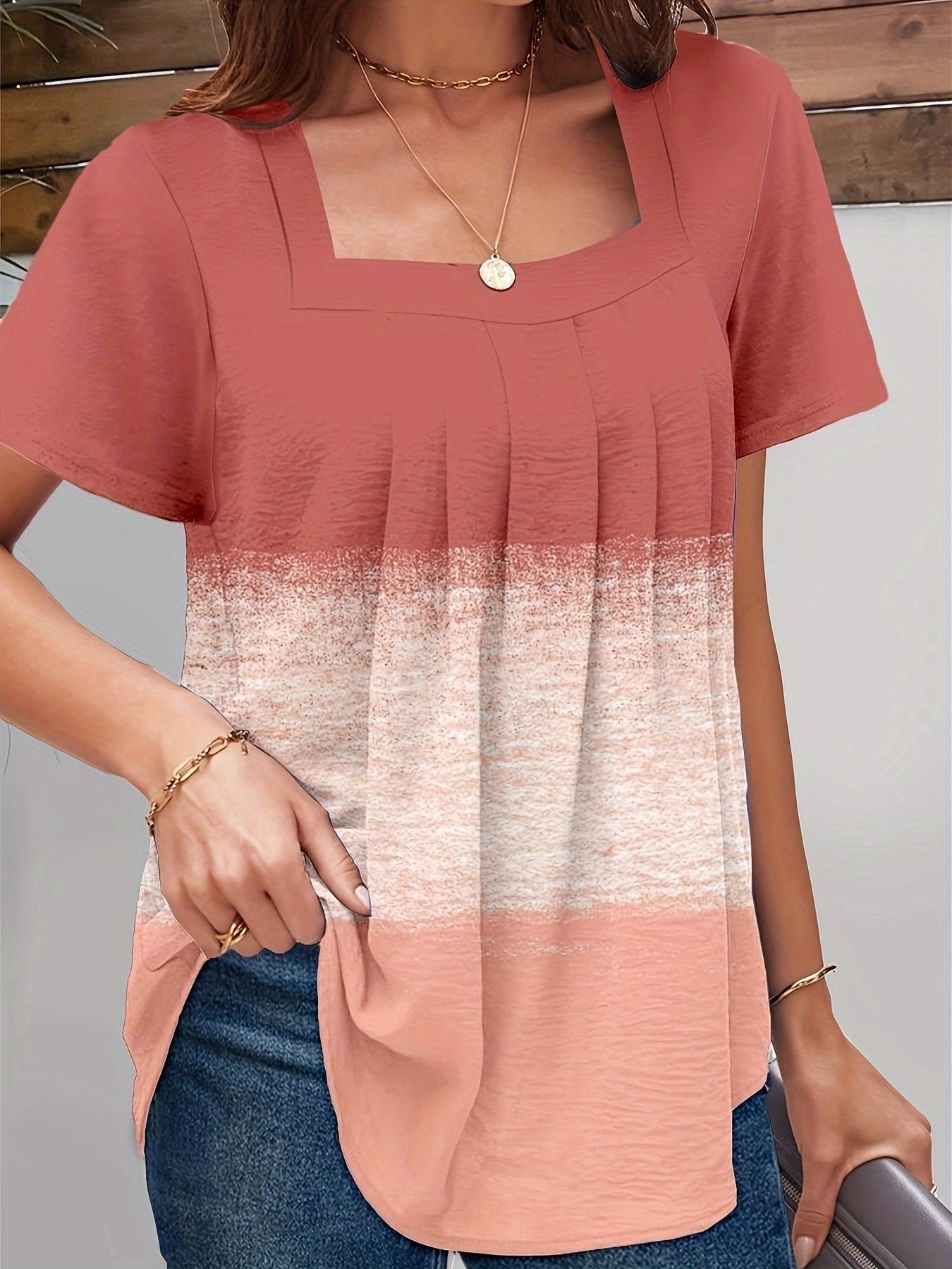 Dovetail Square Collar Pleated Ruffled Short Sleeves T-shirt