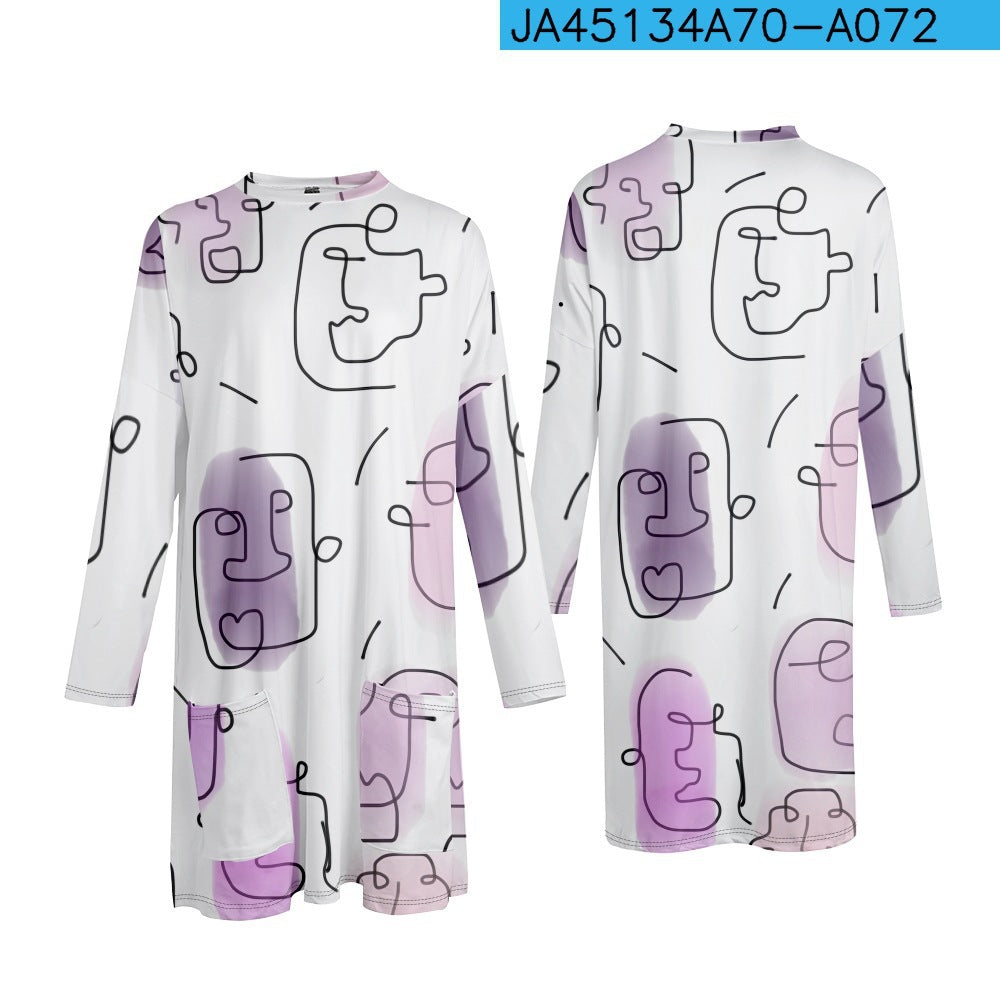 Picasso-style Casual Mid-length Loose-fitting Womens Dress With A Crew Neck