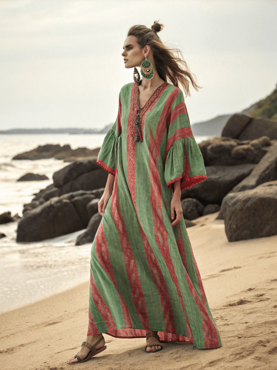 Five-quarter-sleeve Long Caftan Dress With Patch Pockets