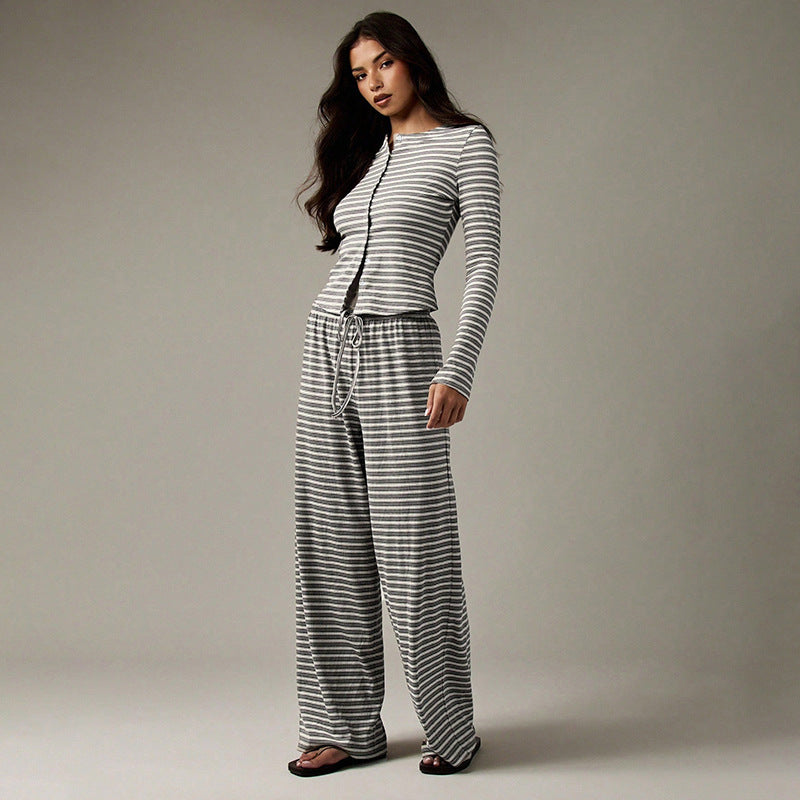 Striped Single-breasted Long Sleeve Drawstring Trousers Two-piece Suit