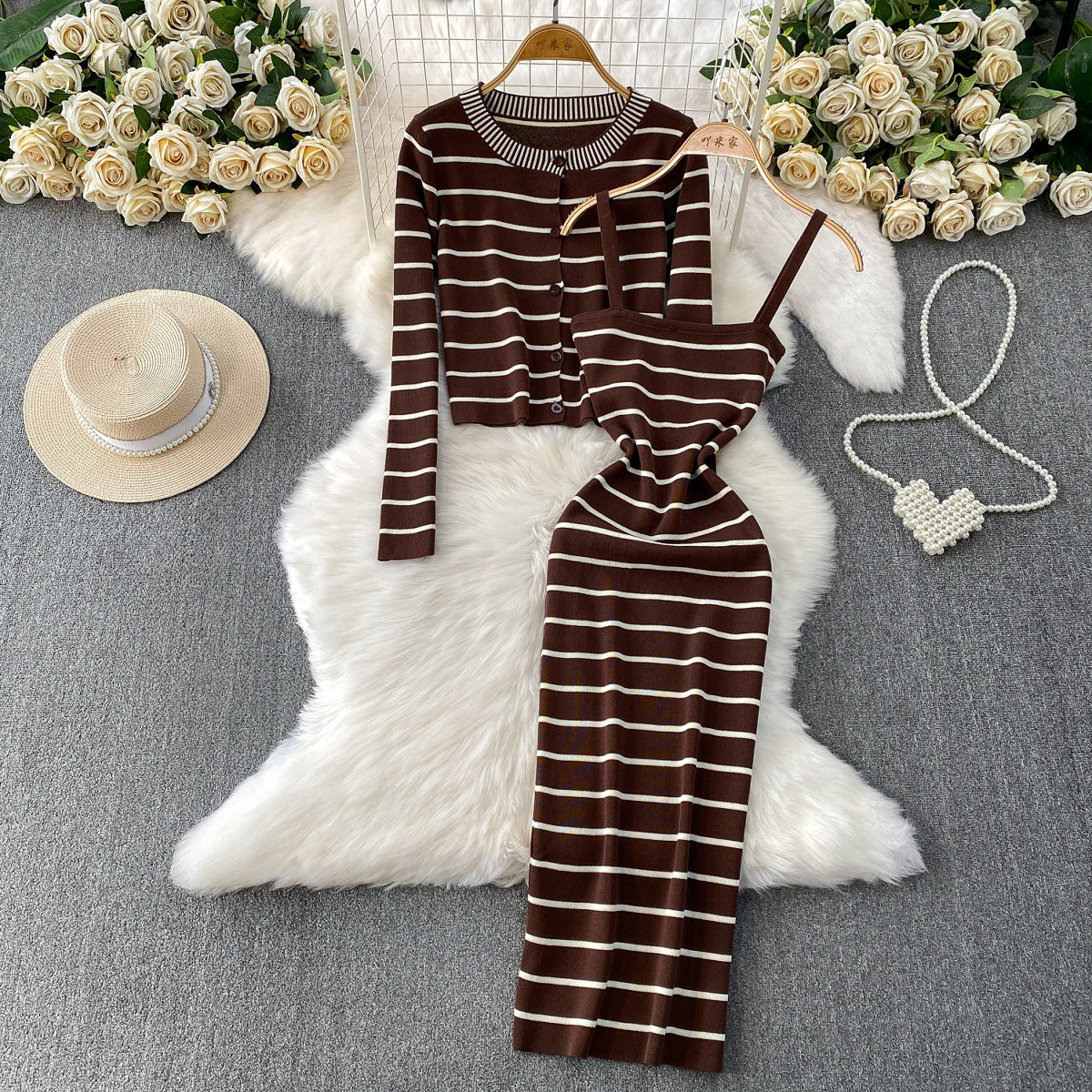 Elegant Striped Slip Dress And Knitted Cardigan Set