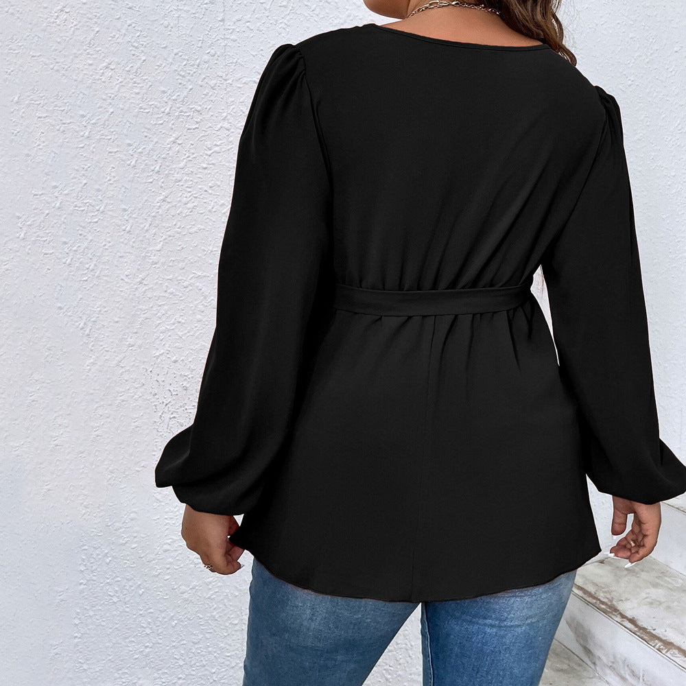 Women's V-neck Lantern Sleeve Slim Top