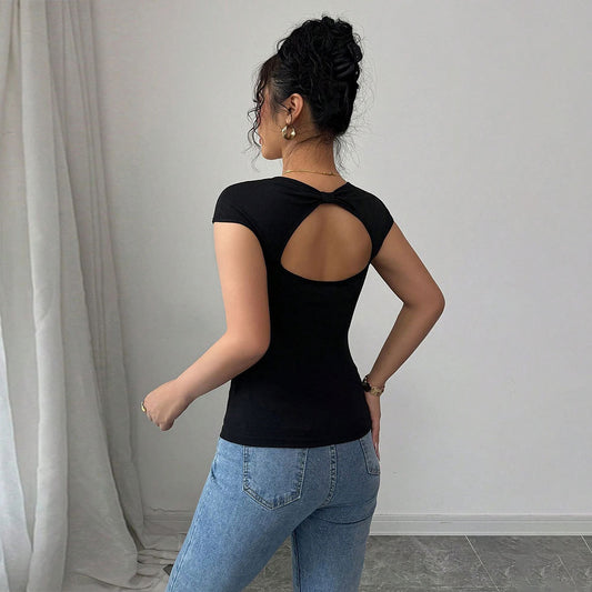 Simple Sexy V-neck T-shirt With Backless Design Short Slim-fit Top