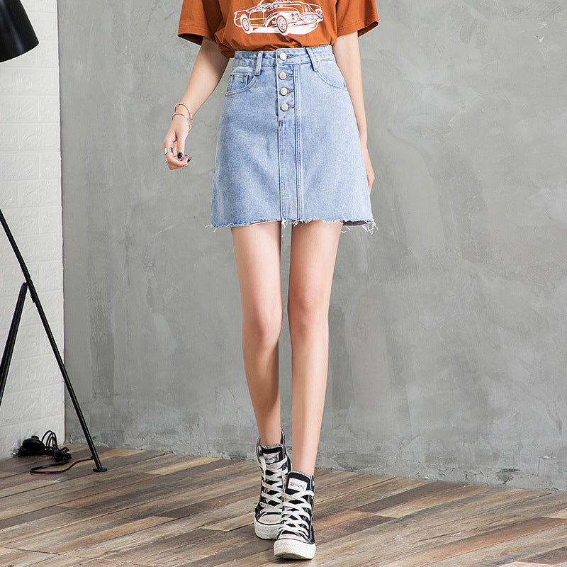 Women New Korean Style High Waist Breasted A-line Skirt