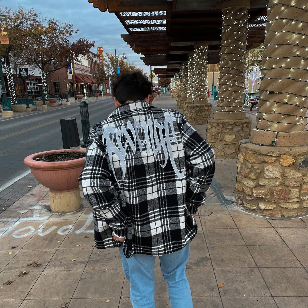Plaid Pattern Loose Embroidered Coat Zipper Shirt