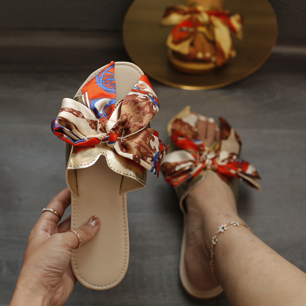 Flat-bottomed Sweet Bow Solid Color Outdoor Slippers