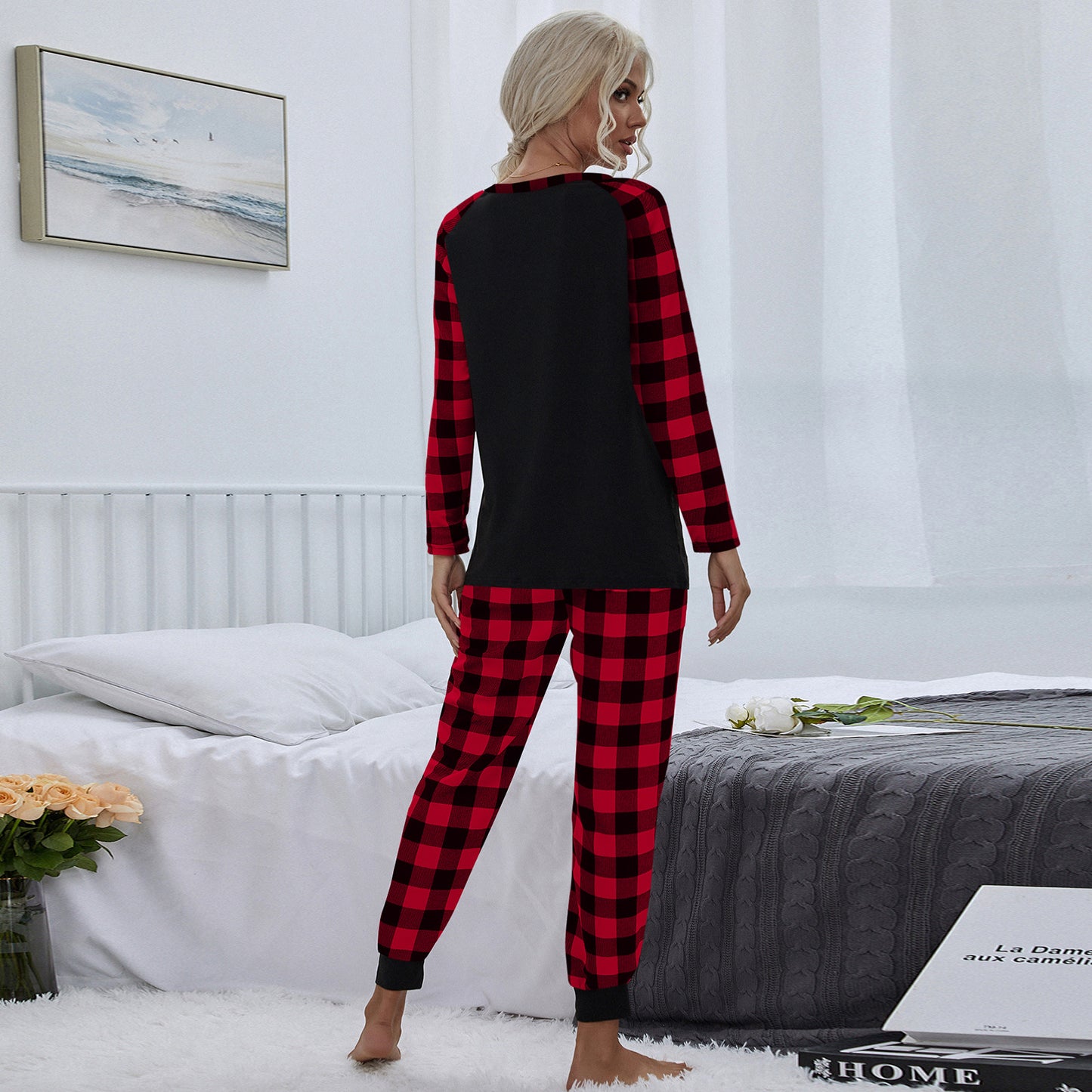 Women's Fashion Plaid Crew Neck Home Leisure Loose Outfit