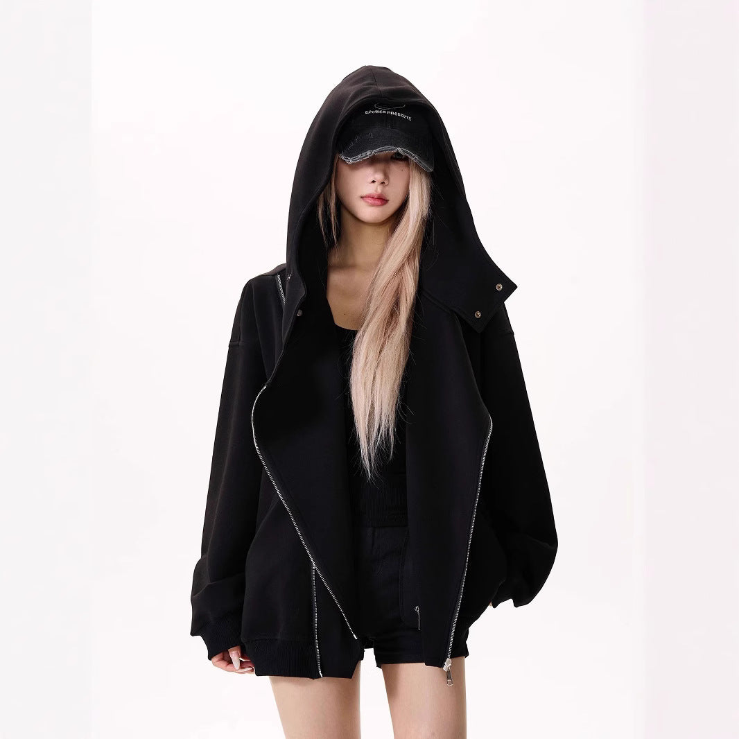 Retro Double Zipper Stitching Deconstructing Air Layer Hooded Sweater