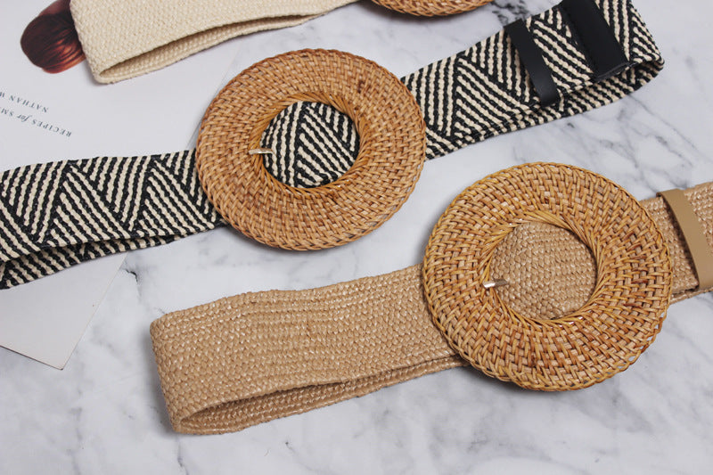 Versatile Oversized Round Buckle Straw  Elastic Belt