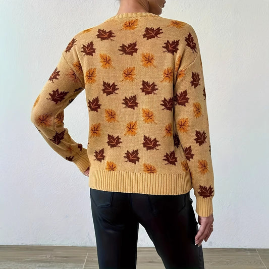 Maple Leaf Round Neck Loose Woolen Pullover Top