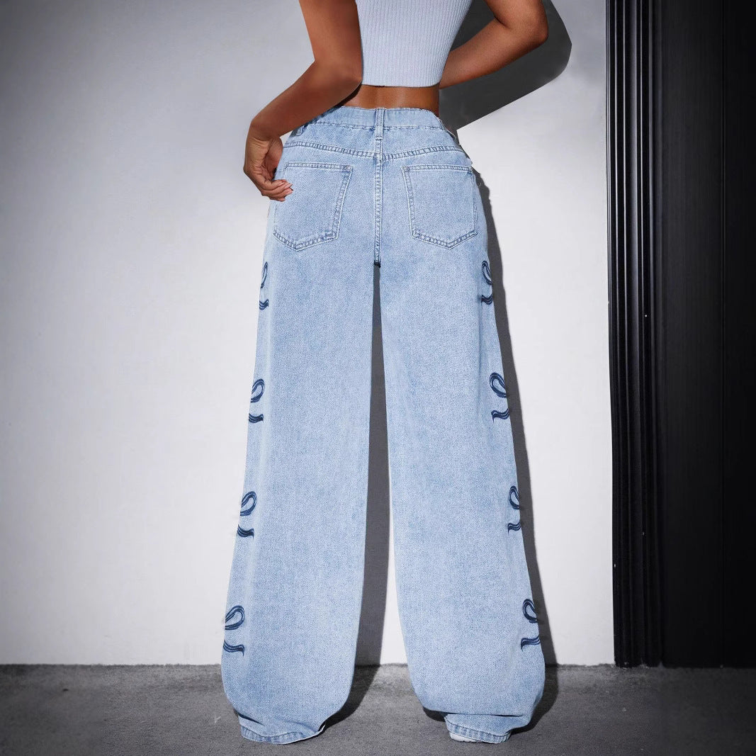 Printede lige-benede vide jeans