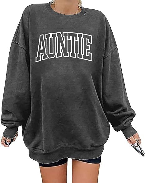 Sweatshirt, oversized rundhalset trøje, tante bogstavprint, lange manchetter
